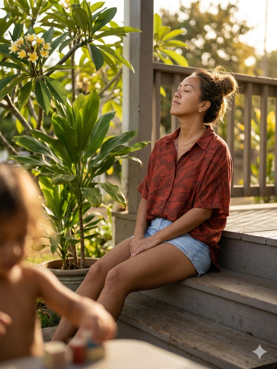 Kupukupu x Likolehua oversized button-up top in deep red with fern print, styled with denim shorts