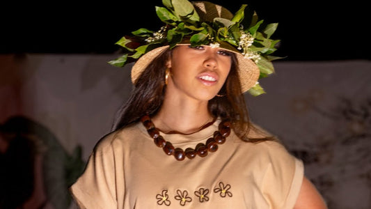 Embroidered Pua Kukui shirt dress in tan with kukui flower embroidery