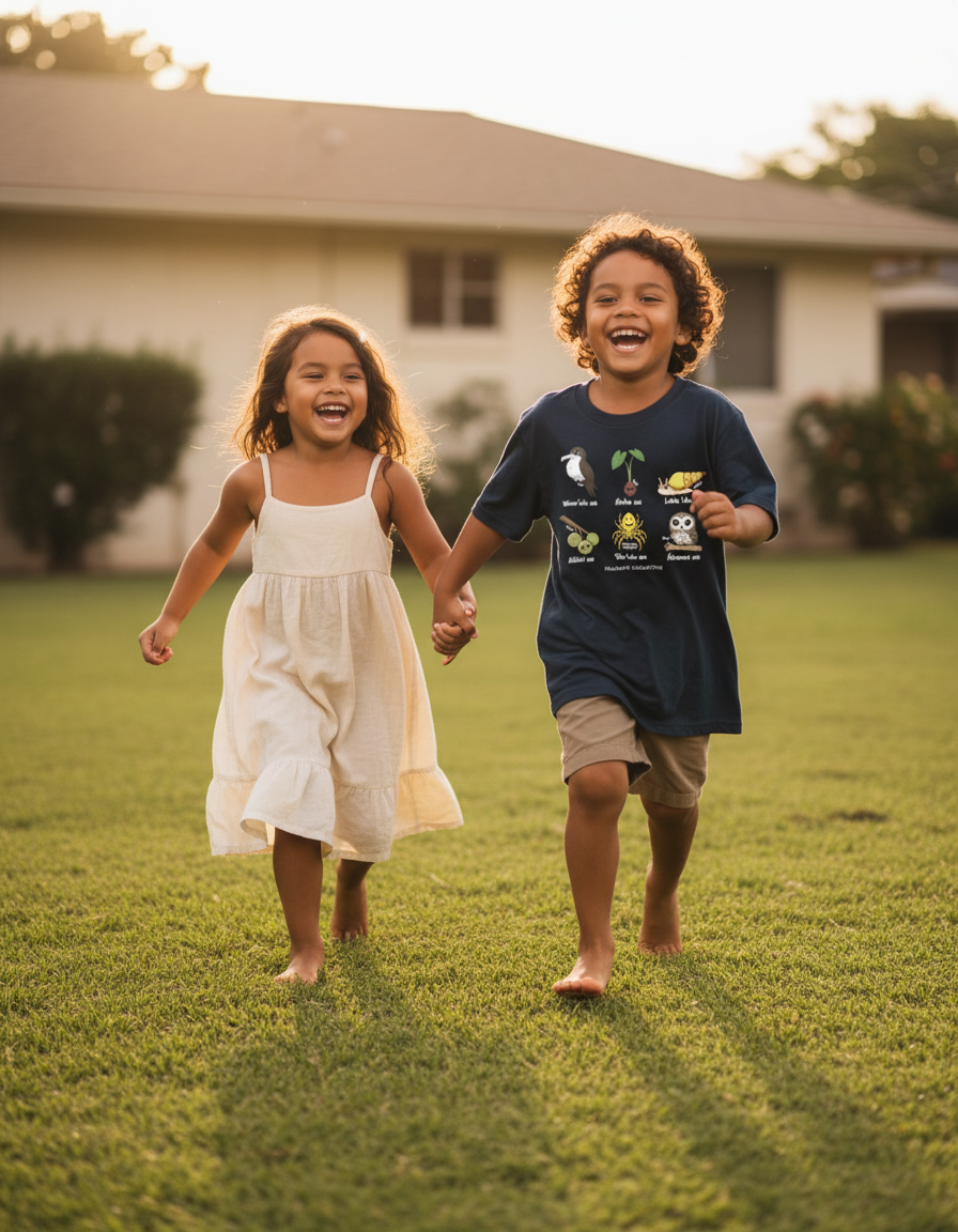 Keiki affirmation tee in navyy blue with native hawaiian animals and plants in Japanese chibi drawing style.