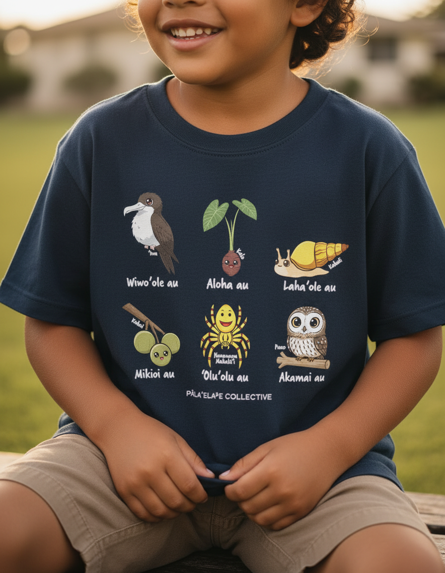 Keiki affirmation tee in navyy blue with native hawaiian animals and plants in Japanese chibi drawing style.