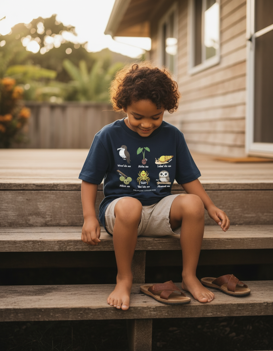 Keiki affirmation tee in navyy blue with native hawaiian animals and plants in Japanese chibi drawing style.