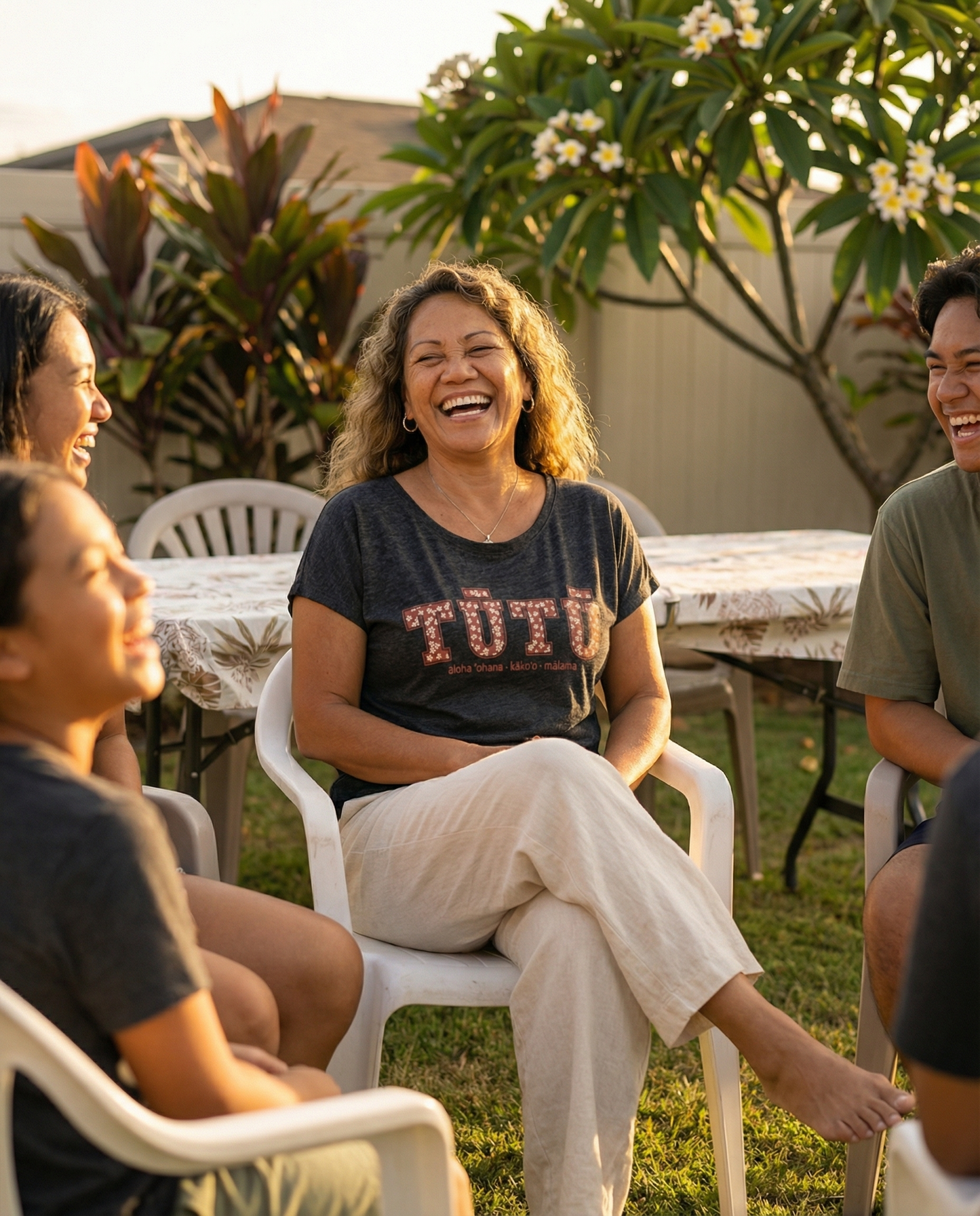 Pua Kukui Tūtū womanʻs dolman shirt in vintage black worn with neutral linen long pants.